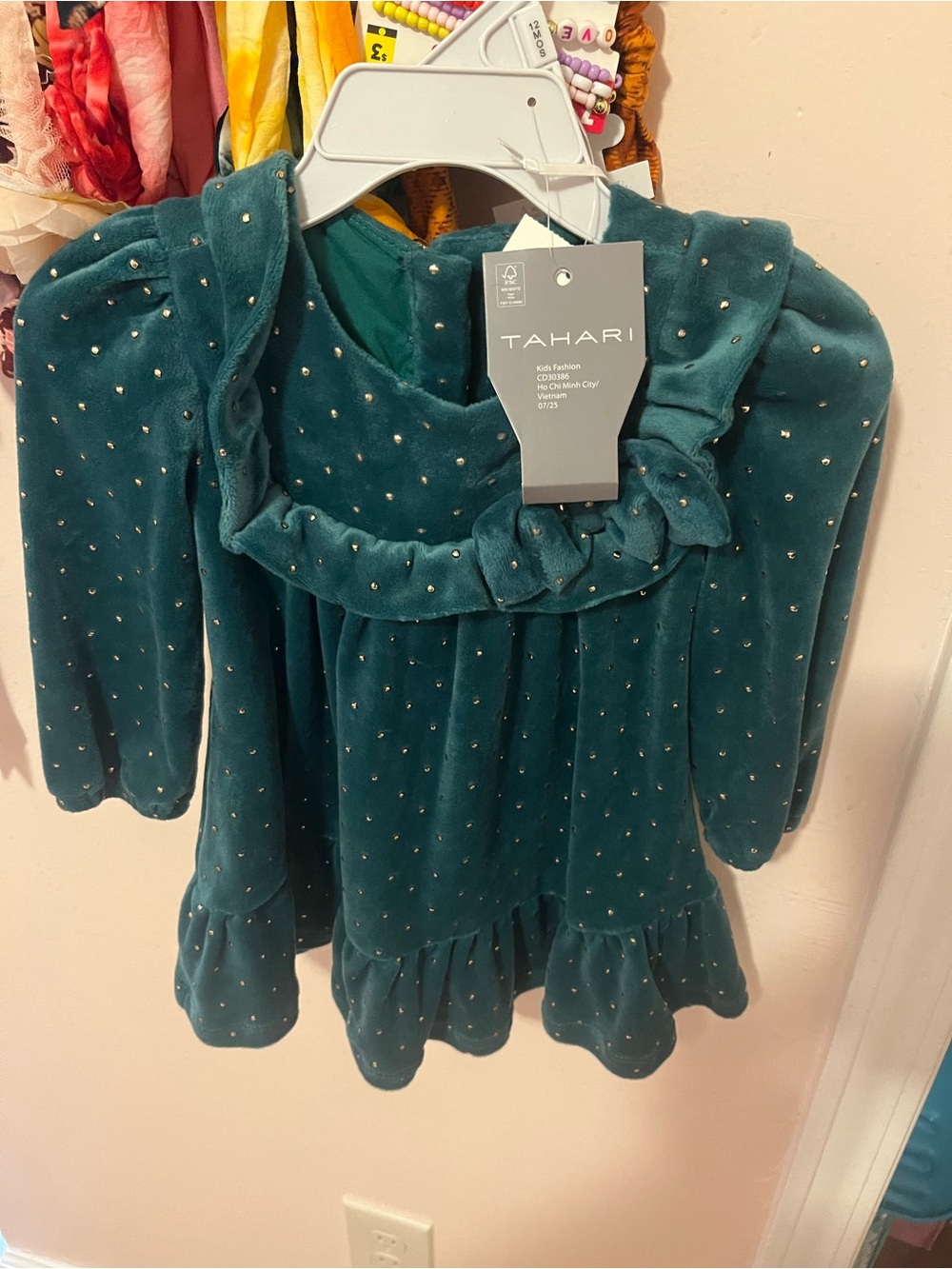 Tahari Girls' Teal Velvet Dress with Ruffle Trim and Metallic Dots